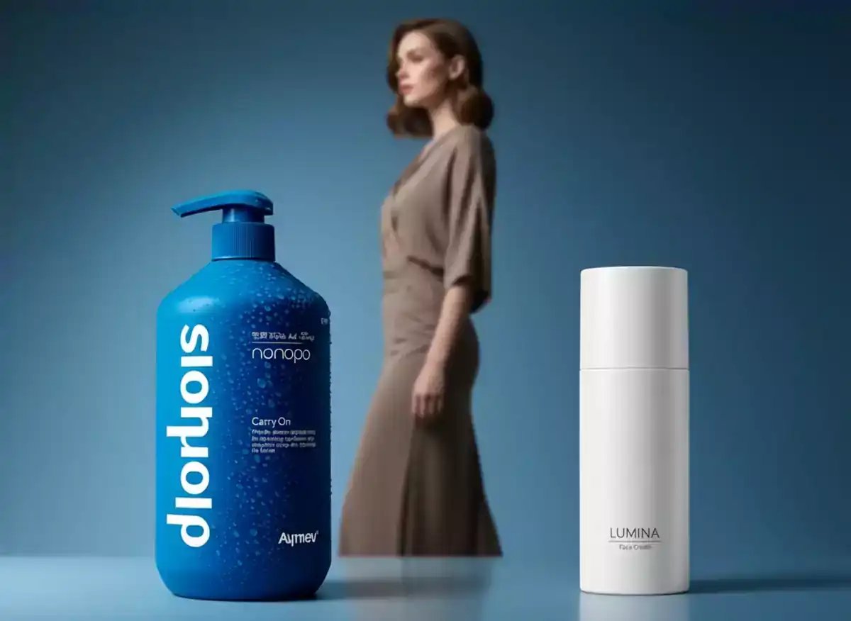 A woman in a brown dress dances behind two skincare product bottles, a blue pump bottle and a white cylindrical bottle, as the scene transitions to focus solely on the blue product, demonstrating product placement using cinematic ai video techniques.