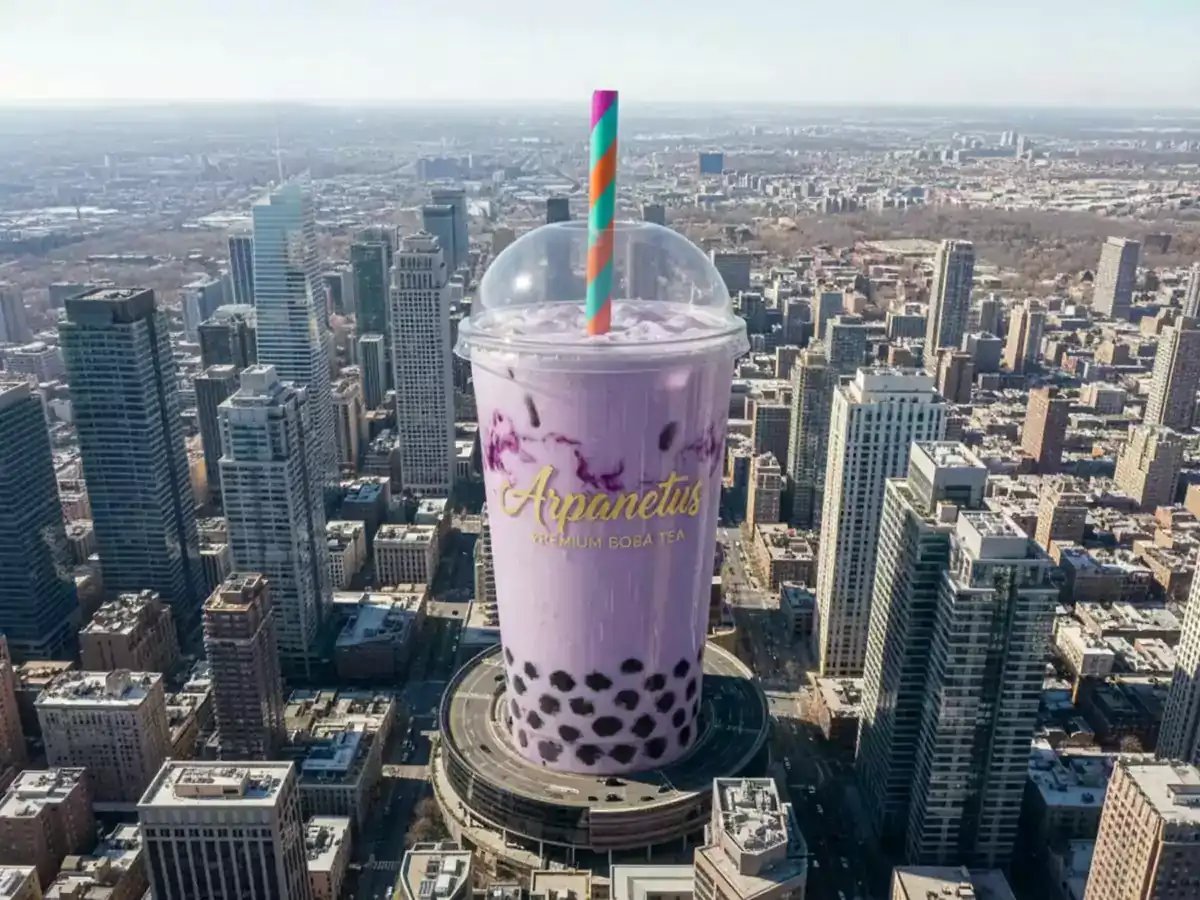 A hyperrealistic AI-generated video shows a purple bubble tea cup with a colorful straw hovering over a cityscape, demonstrating AI product placement and photorealistic AI art in a cinematic AI video.