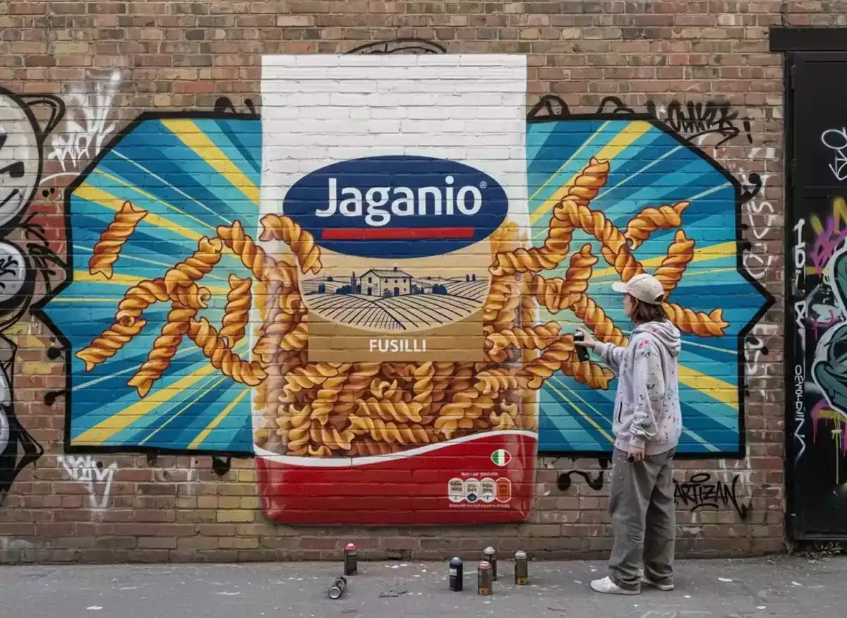 A person sprays paint on a vibrant street mural of a Jaganio fusilli pasta package on a brick wall, highlighting digital art creation and style in urban fashion with an ai image generator.