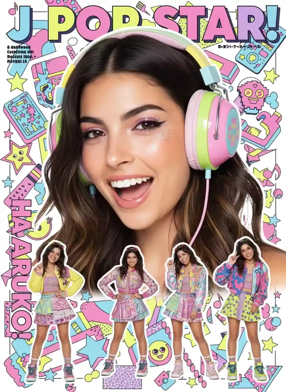 A sequence featuring a hyperrealistic photo of a young woman wearing pastel-colored headphones with animated cutout versions of herself in varied colorful fashion outfits performing different dance poses, showcasing style elements suitable for AI video generator and AI avatar generator applications in digital art creation.