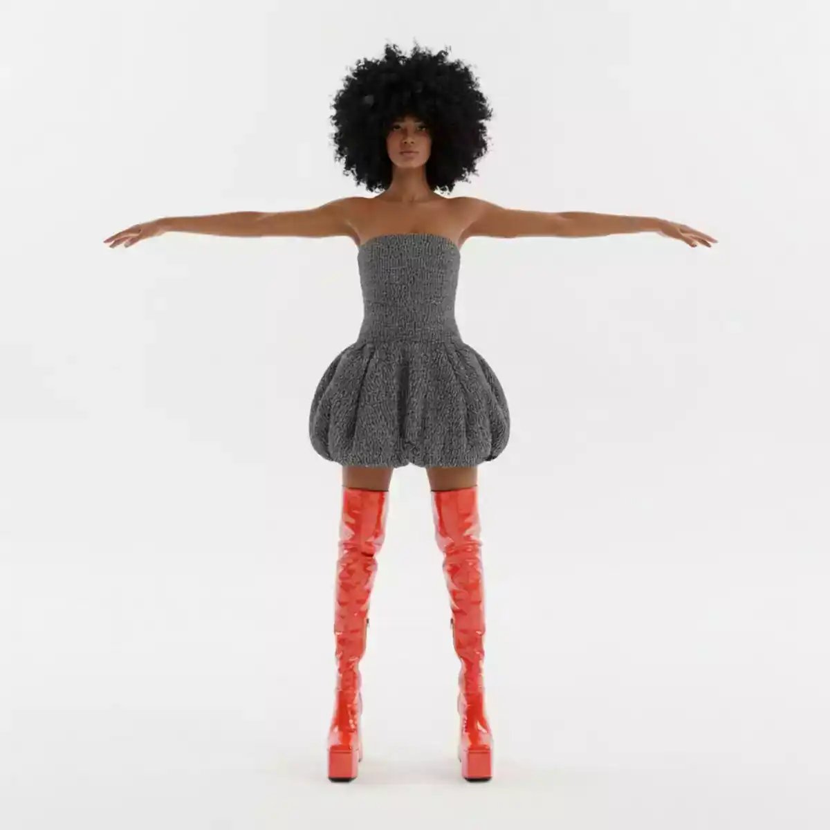 A hyperrealistic AI avatar with an afro hairstyle wearing a textured gray strapless dress and shiny red platform thigh-high boots rotates 360 degrees on a white background, showcasing fashion details for a cinematic AI video.