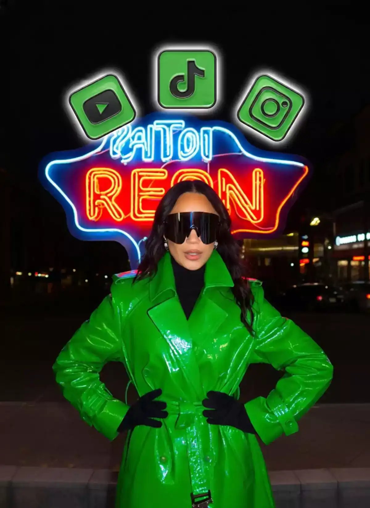 A woman in a green glossy coat and black gloves poses at night in front of a neon sign shaped like Texas with social media icons above her head, demonstrating ai video generator and ai avatar generator capabilities for digital fashion and cinematic ai video content.