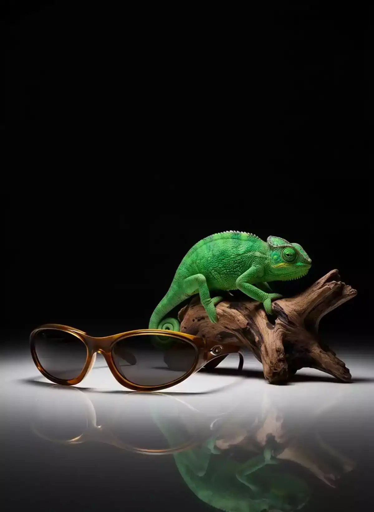 A hyperrealistic digital art creation shows a photorealistic chameleon perched on a piece of driftwood next to a pair of stylish sunglasses, demonstrating detailed style and cinematic AI video effects.
