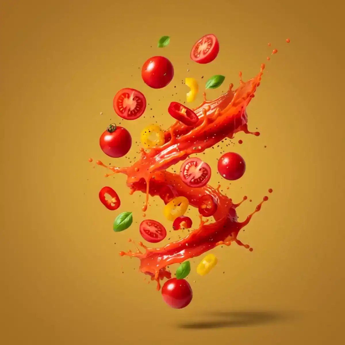 A sequence of images shows a hyperrealistic photo of fresh tomatoes, sliced peppers, and basil leaves swirling dynamically with splashes of red sauce, demonstrating digital art creation using an ai image generator.