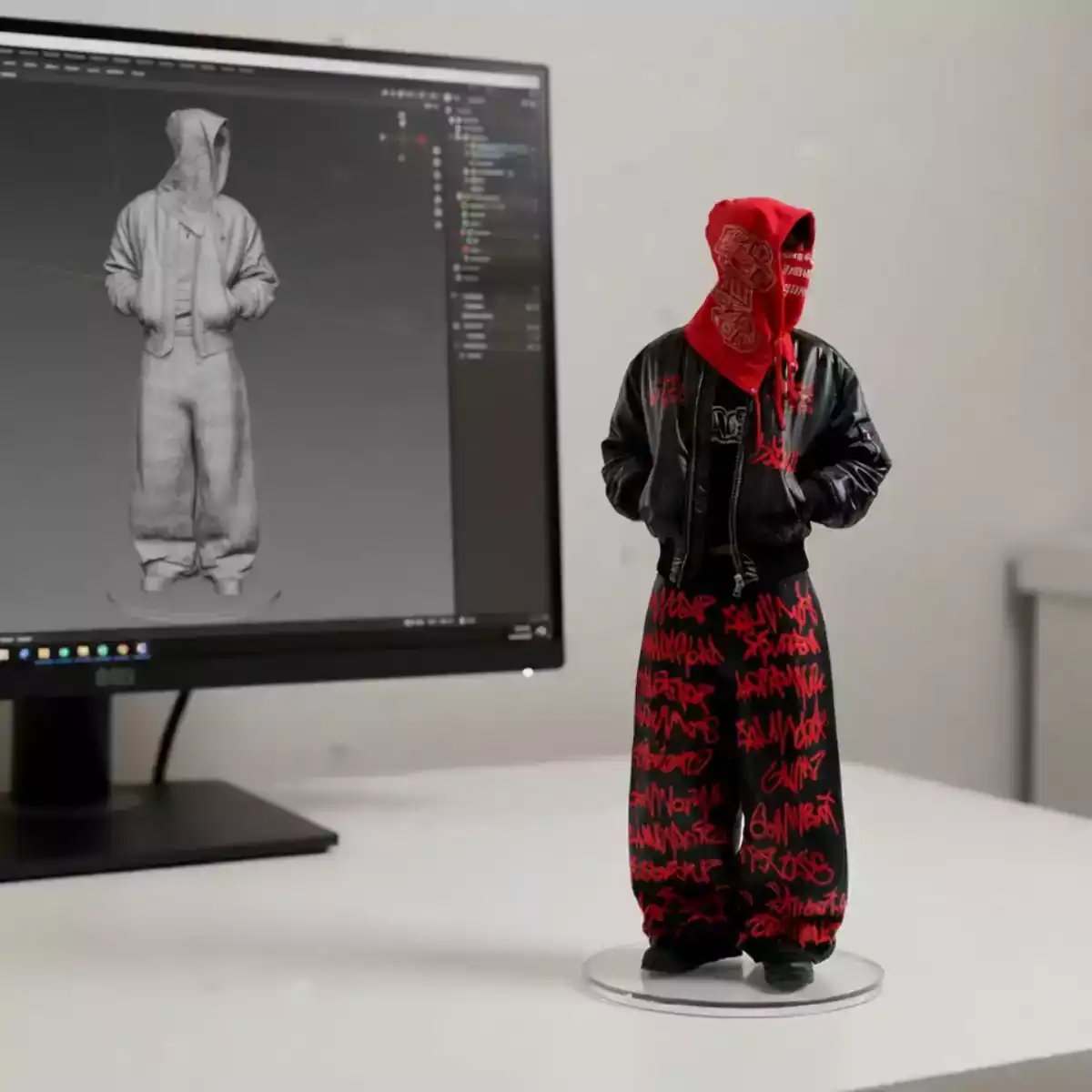 A person holds a detailed 3D printed fashion figurine wearing a graffiti-style red hood, black leather jacket, and matching red and black pants, with a 3D modeling software displaying the digital design on a computer screen in the background, illustrating the use of ai image generator and ai video maker technology in digital art creation and style visualization.