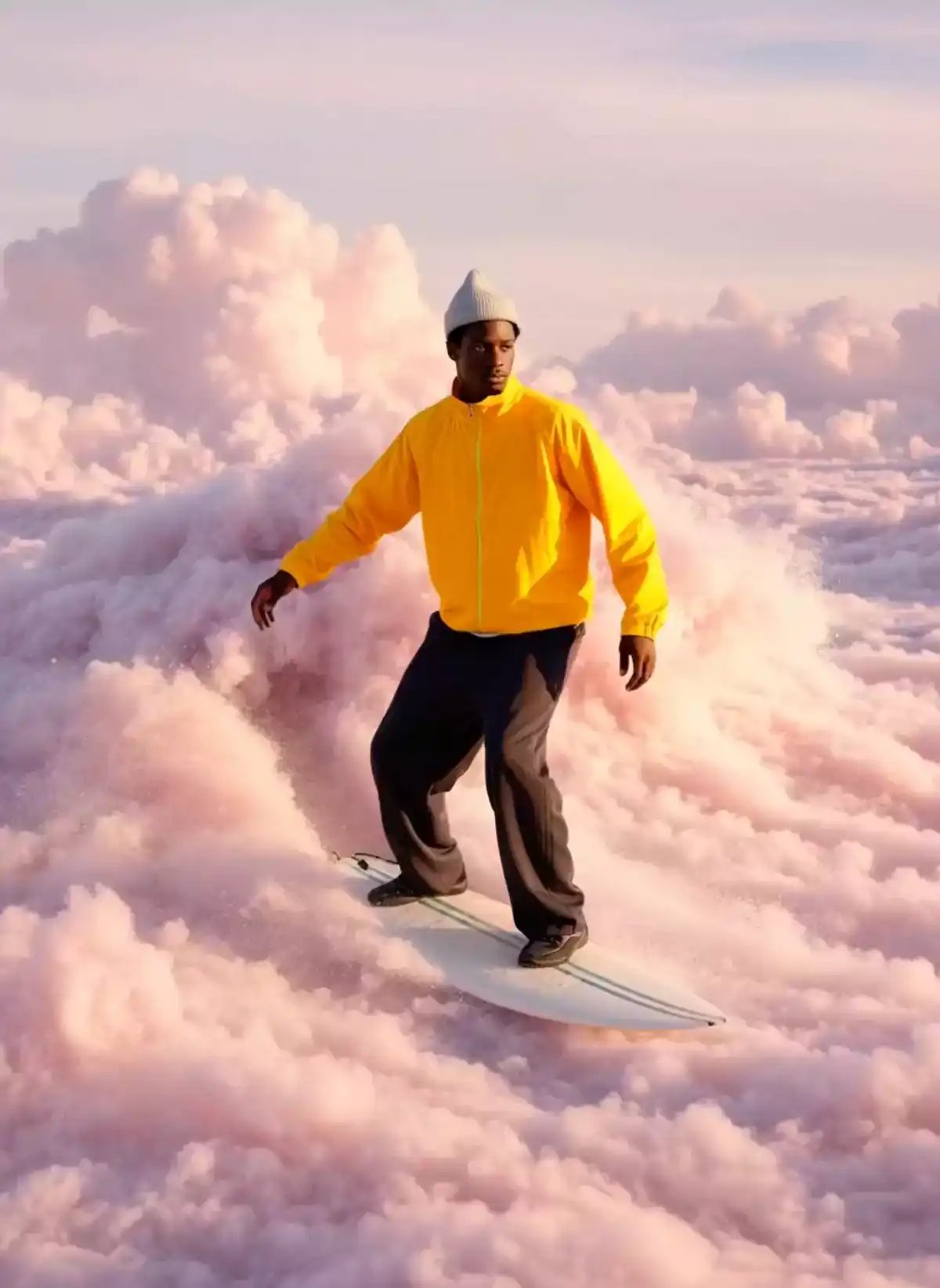 A person wearing a yellow jacket and gray beanie is surfing through pink cloud-like formations in a hyperrealistic AI-generated video showcasing advanced ai video generator and ai image to video maker capabilities.