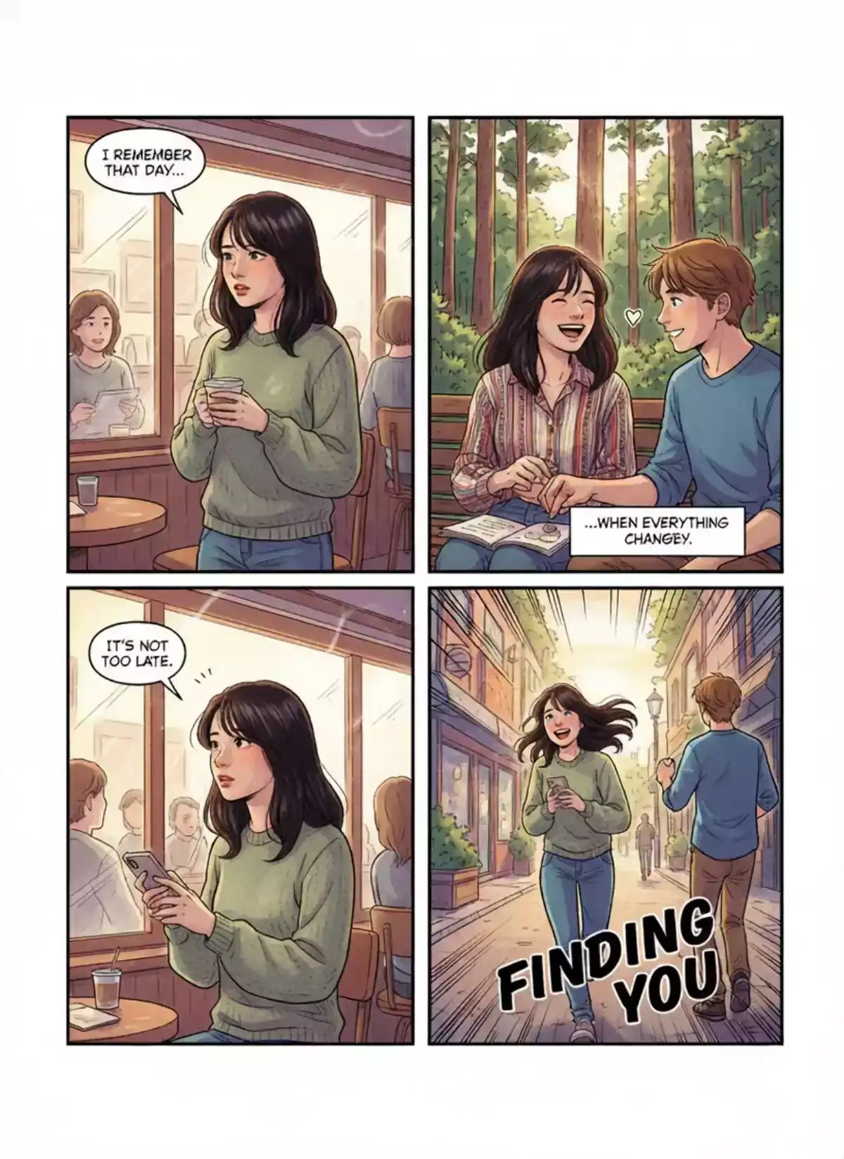 A sequential comic strip shows a woman remembering a past moment, exchanging gestures with a man outdoors, then checking her phone, followed by both walking in a street scene with the text 'FINDING YOU' appearing, illustrating a narrative that could be used in an ai video generator or ai video maker focused on storytelling and cinematic ai video production.