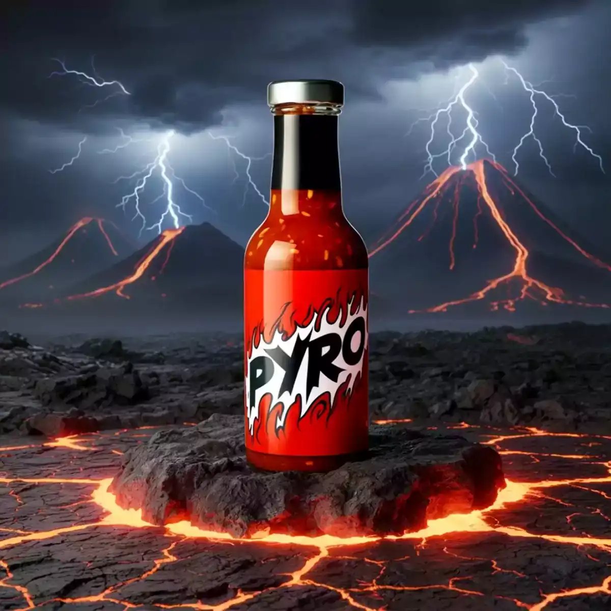 A hyperrealistic photo of a hot sauce bottle labeled 'PYRO' positioned on a cracked volcanic surface with glowing lava, surrounded by erupting volcanoes with lightning in a dark, stormy environment, demonstrating advanced ai image generation and product placement ai.