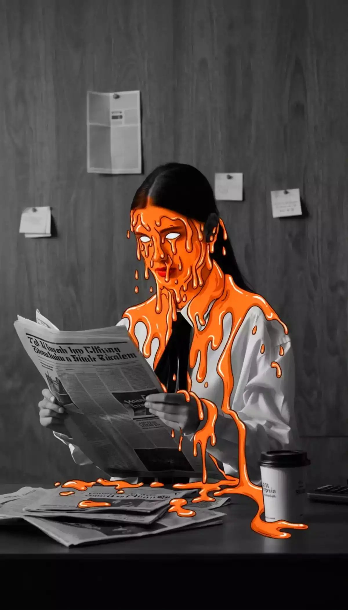 A black-and-white image of a person reading a newspaper at a desk slowly transforms as an orange, melting effect gradually covers their face and upper body, showcasing a creative use of digital art creation and ai video generator techniques.