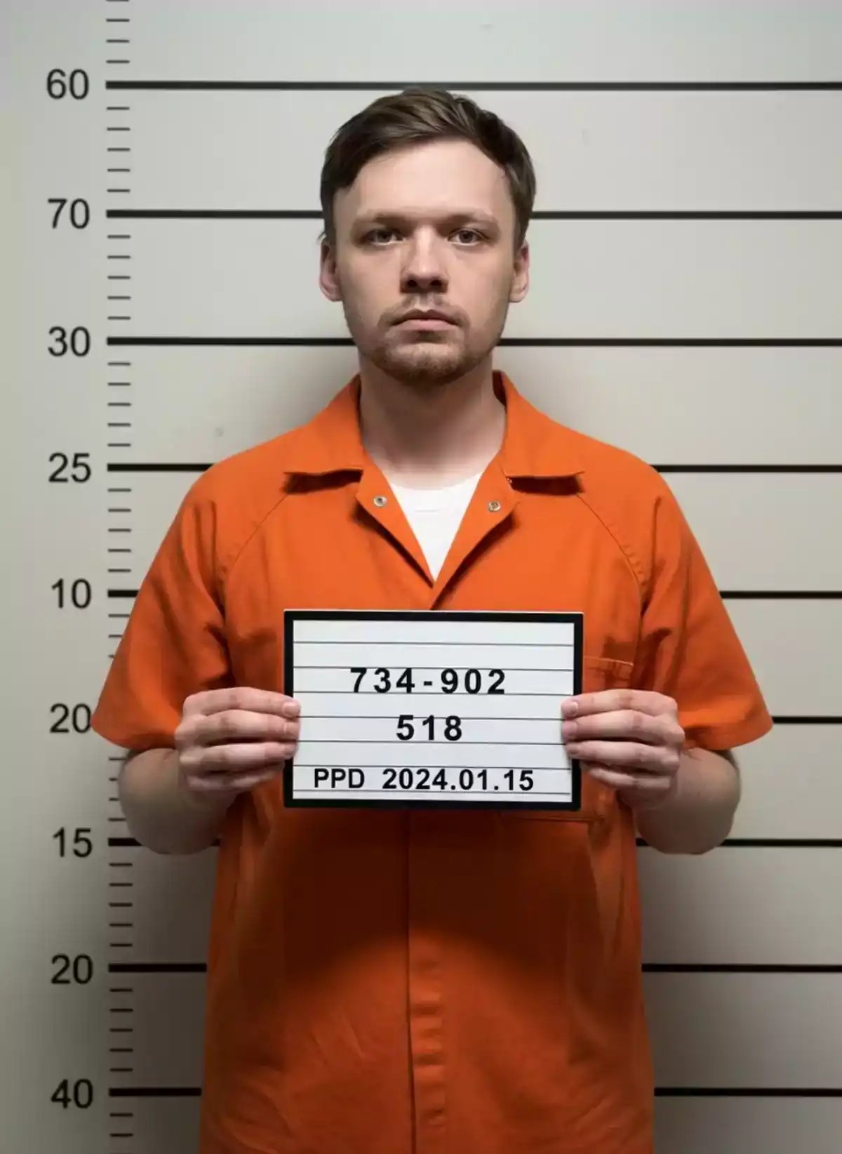 A man in an orange prison jumpsuit holding a placard stands in front of a height measurement chart while progressively shrinking and crouching, showing a transformation captured by an ai video generator demonstrating photorealistic ai art and hyperrealistic photo effects.