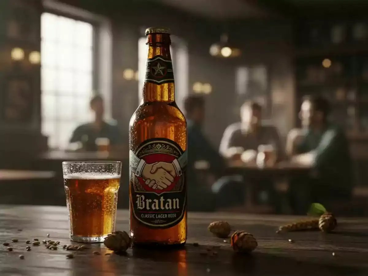 A cinematic AI video maker showcases a photorealistic AI art generated scene featuring a classic lager beer bottle and a glass of beer on a wooden table with hops, with blurred figures socializing in the background, highlighting product placement AI in a stylish pub setting.