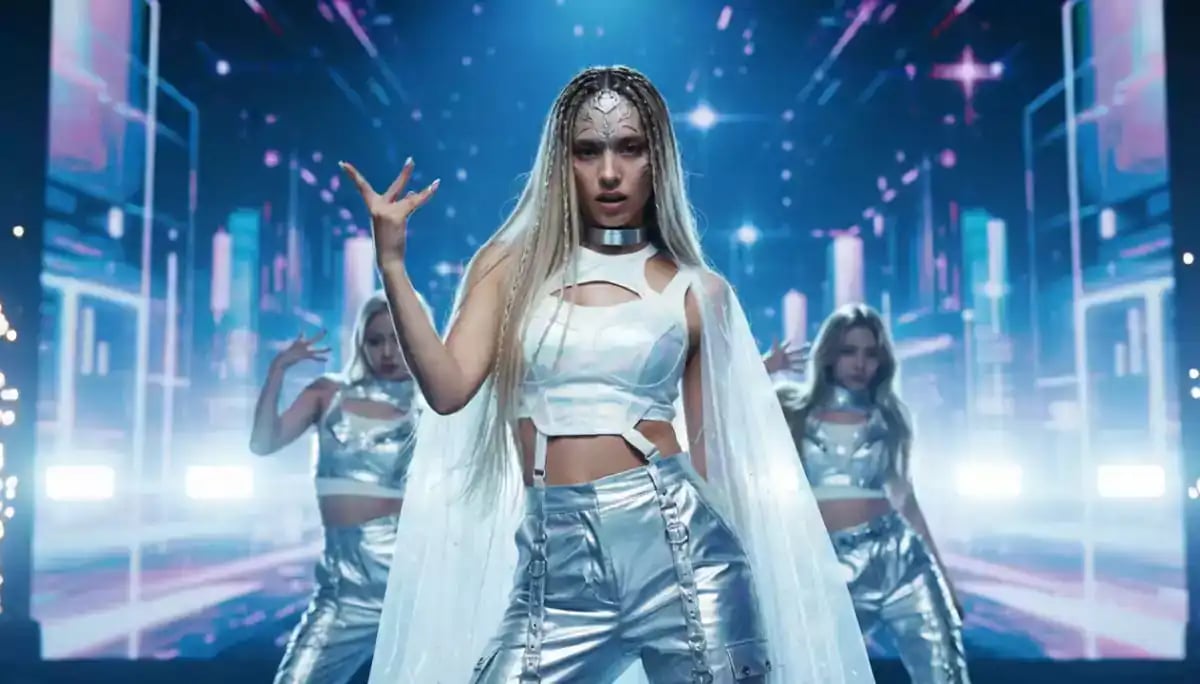 A group of three female dancers wearing silver futuristic outfits performs synchronized choreography in a digital cybernetic background, showcasing a cinematic AI video with hyperrealistic photo style and fashion elements.