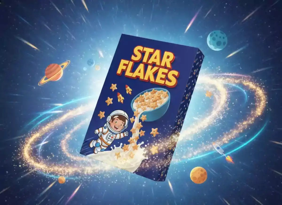 A hyperrealistic photo of a Star Flakes cereal box spinning in space surrounded by planets and stars, created using an ai video generator showcasing product placement AI and cinematic AI video effects.