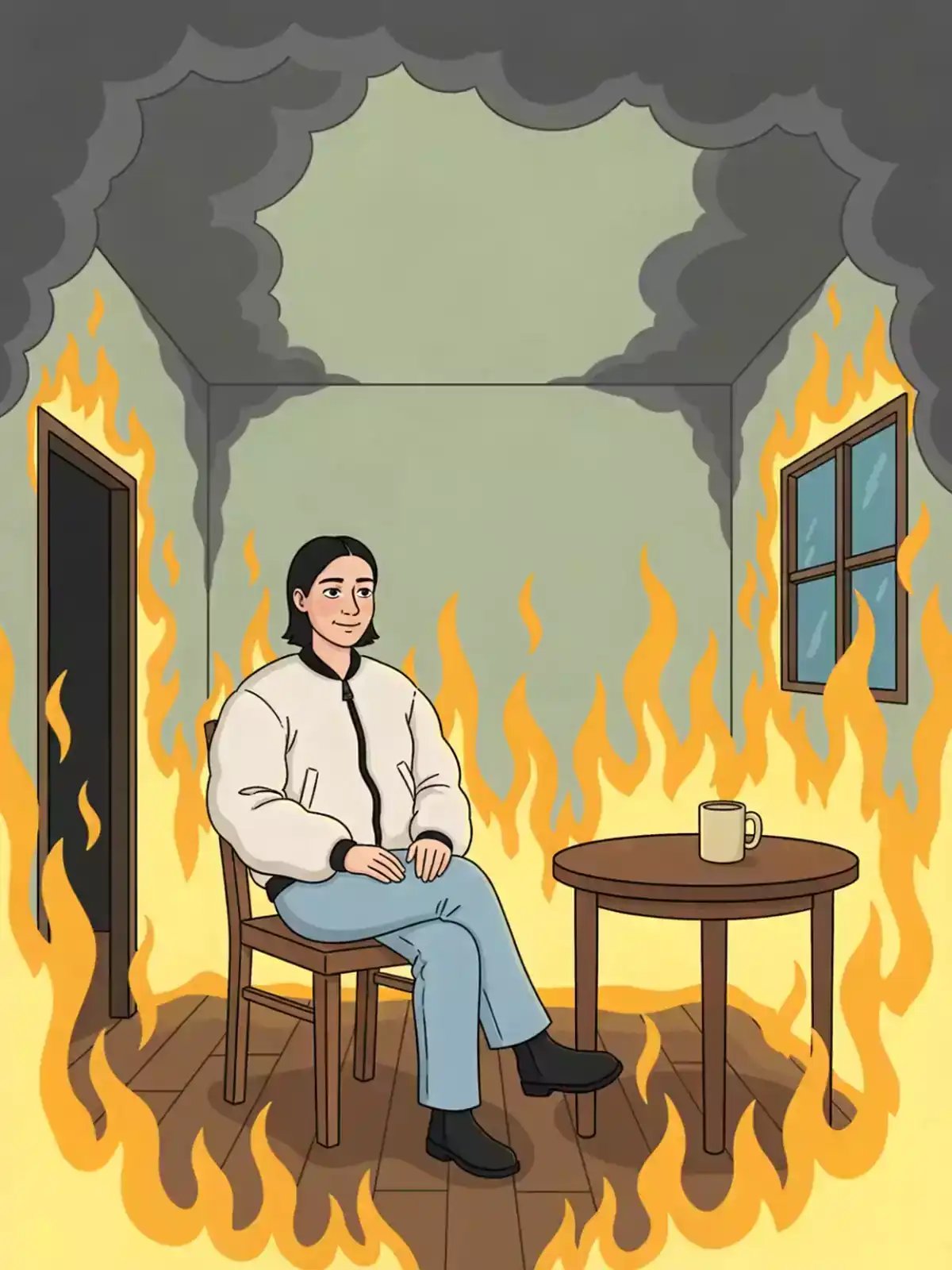 A cartoon-style digital art creation shows an ai avatar sitting calmly on a chair inside a room surrounded by animated flames and smoke, blending elements of cinematic ai video and ai image generator techniques.