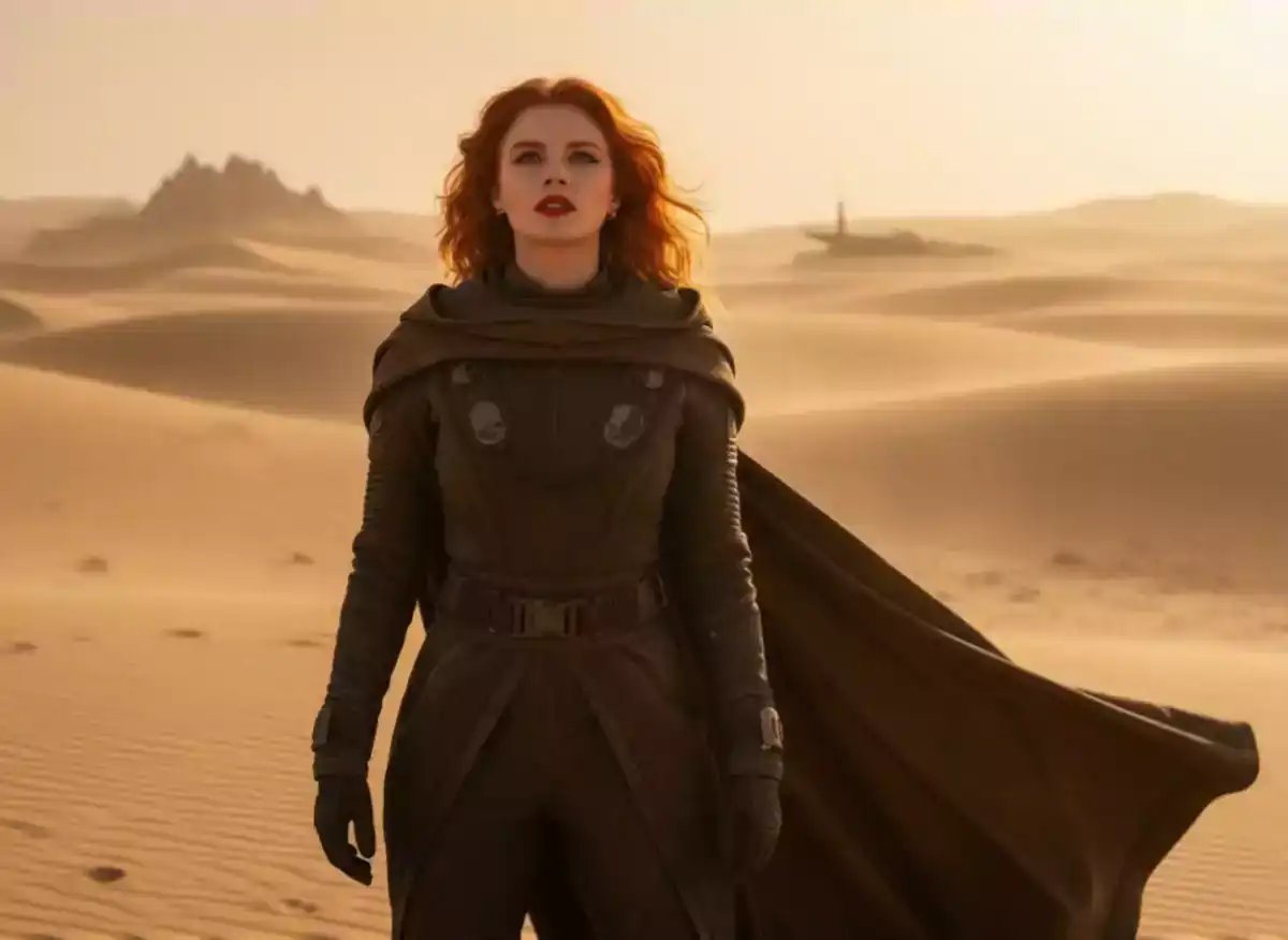 A hyperrealistic AI video generator creates a cinematic desert scene where a woman in futuristic fashion stands as a giant sandworm erupts from the sand, showcasing advanced AI video maker and product placement AI capabilities in photorealistic AI art and digital art creation.