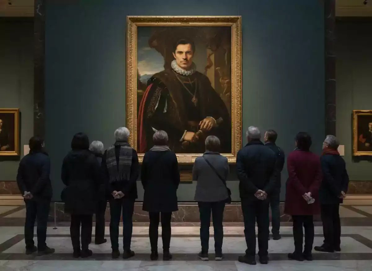 A group of people standing in an art gallery view a large framed historical portrait, then raise their phones to capture photos, illustrating digital art creation and photorealistic ai art engagement.