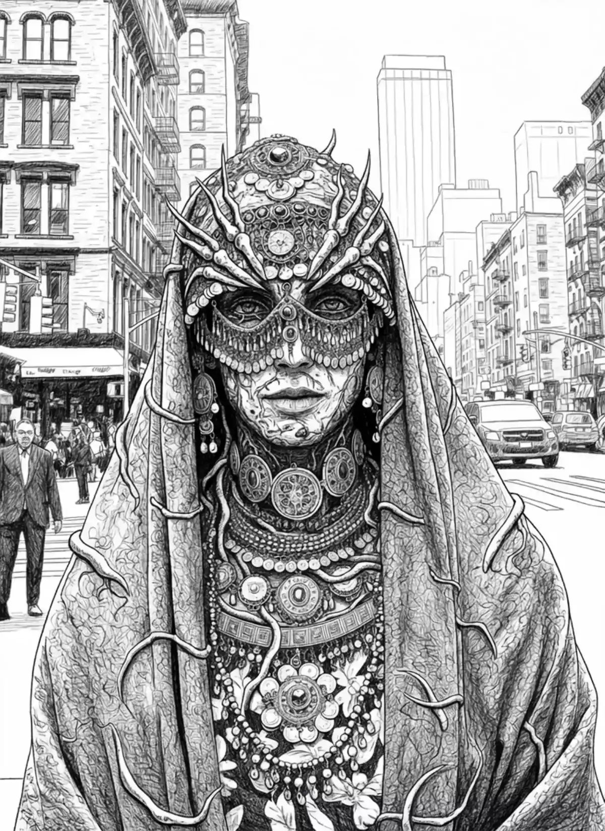 A hyperrealistic digital art creation features an intricately detailed figure in ornamental attire standing on a city street, with a striking red liquid flowing from their mouth as a cinematic ai video generator style effect highlights the transformation.