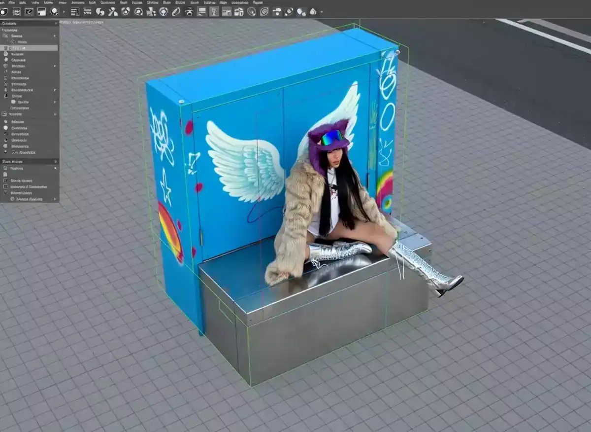 A hyperrealistic photo of a woman wearing silver boots, a fur coat, and a purple hat sitting in front of a blue digital art panel with white angel wings, created using an ai image generator within an ai video editor interface.