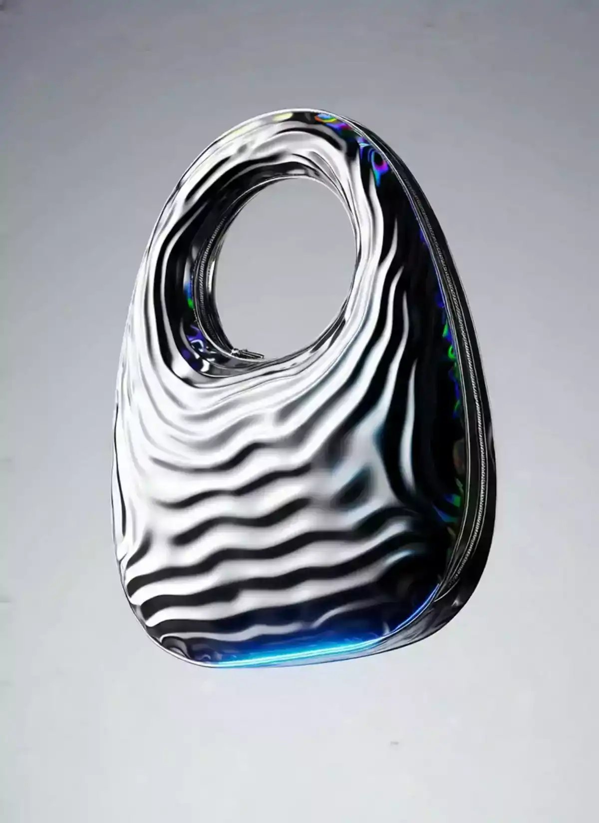 A hyperrealistic photo showcases a futuristic silver handbag with a unique wavy texture and rounded handles, rotating smoothly in a digital art creation generated by an AI video maker and AI image generator.