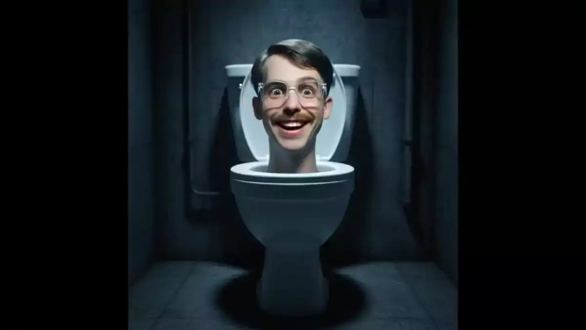 A hyperrealistic AI avatar generator video shows a man’s head emerging from a toilet bowl in a dark bathroom while lip sync AI captures his expressions, transitioning to the toilet flushing in a cinematic AI video style.