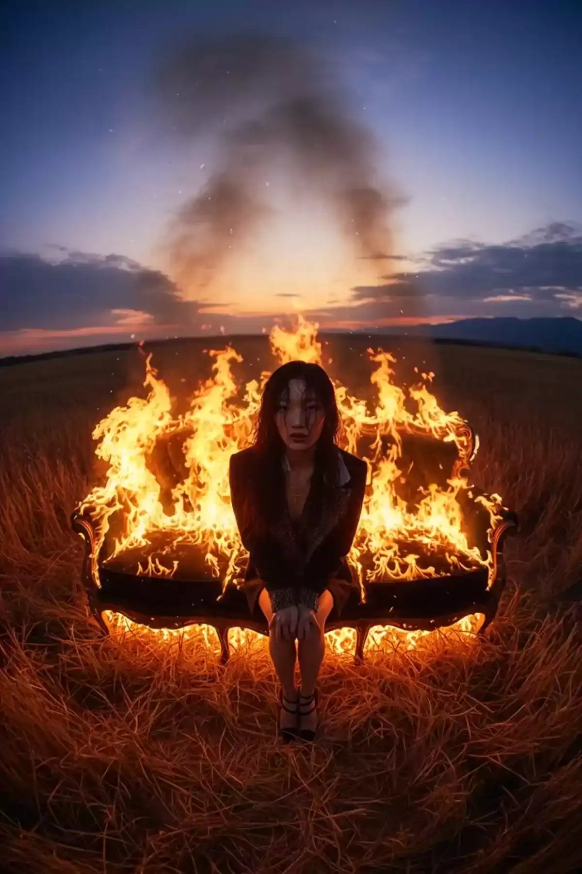 A cinematic AI video shows a woman sitting on a vintage sofa engulfed in flames in a field at sunset, created with photorealistic AI art and digital art creation techniques.