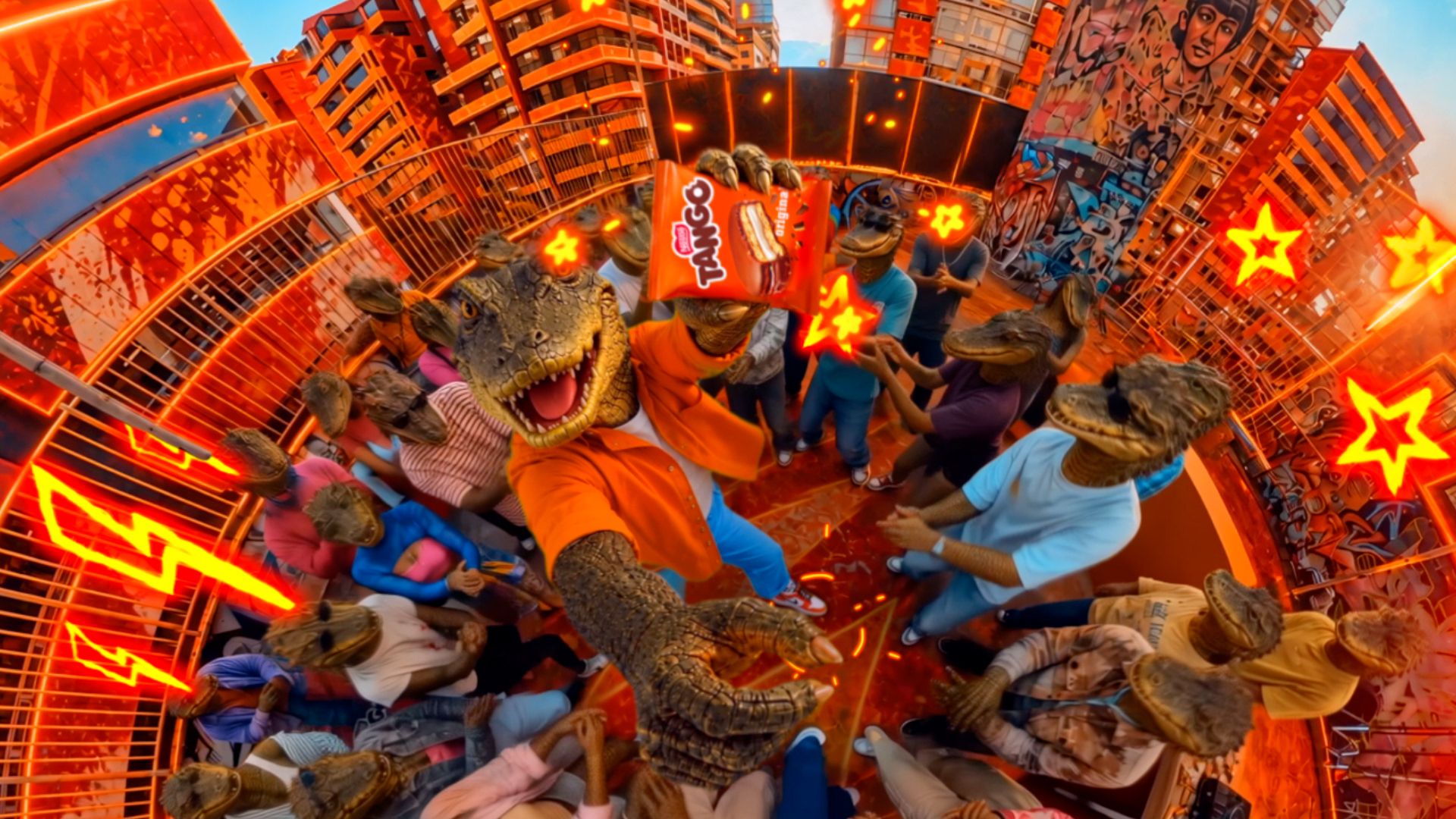 The campaign brings the lead crocodile, supporting cast, transformed city, and Tango product together in an overhead group shot.