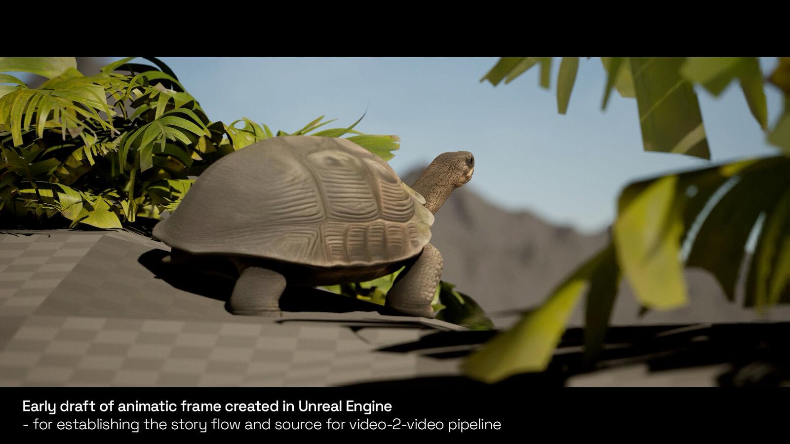 An early animatic frame built in Unreal Engine. It set the story flow and became the source footage for video-to-video in Higgsfield.