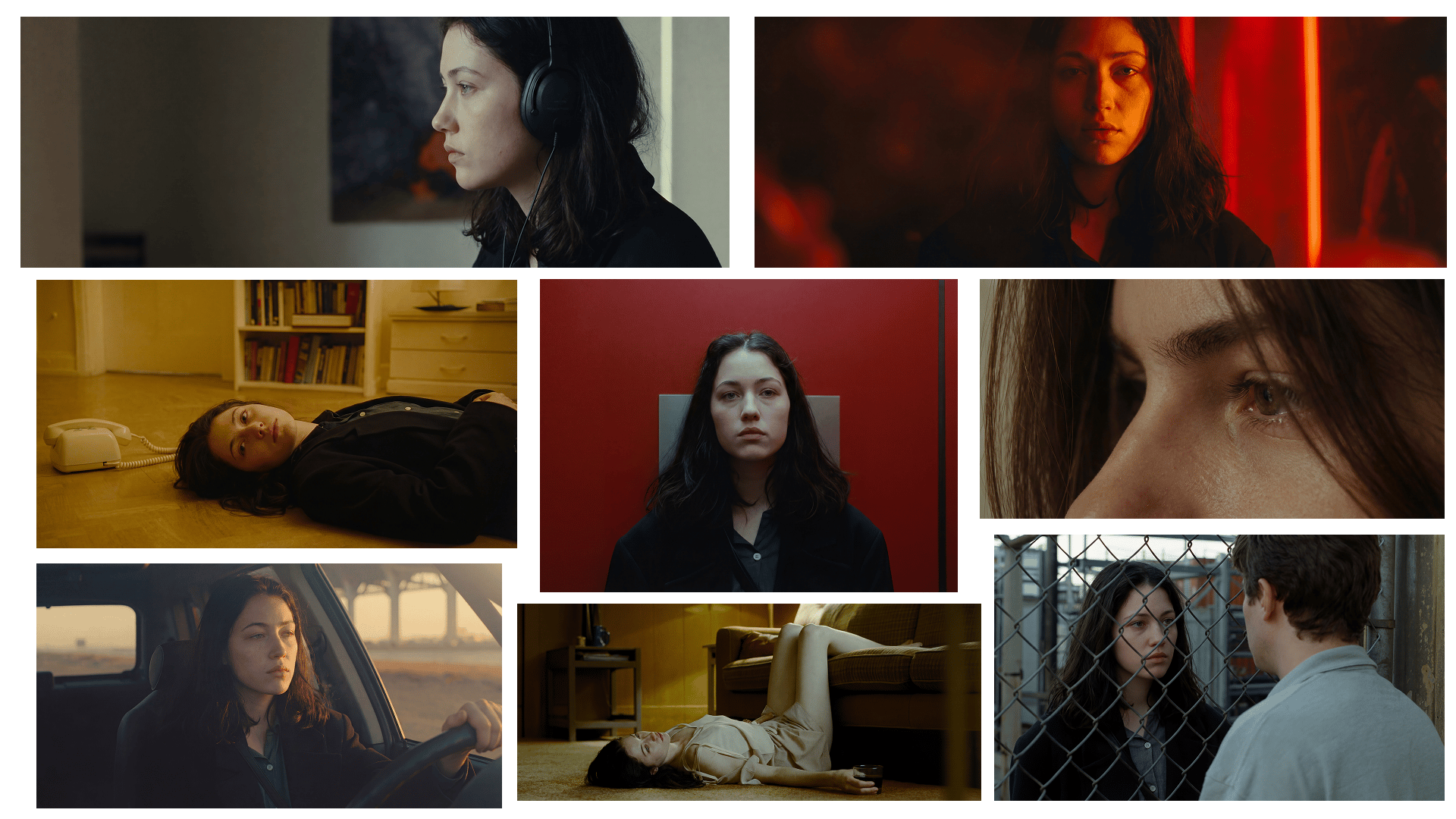 A detailed, melancholic, narrative-driven cinematic film still collage featuring the same young woman across multiple scenes of emotional introspection, transition, and connection. The overall aesthetic is dark, quiet, and deeply evocative, rendered with specific color palettes and textures. The composition is a multi-image layout arranged like a film pitch board. The scenes include: (Top Left) A quiet, muted profile shot of the woman with dark hair, wearing headphones and a black jacket, listening in a dimly lit, minimalist domestic space. (Top Right) A medium shot of the woman from the chest up, looking directly at the camera with a neutral, intense gaze, bathed in warm, saturated red light from a vertical light bar. (Middle Left) The woman in a black jacket and blouse, lying on her side on a wooden floor, looking up at the camera with an expression of listlessness or despair, with an old-style beige landline phone on the floor next to her and a bookshelf behind her. (Middle Center) A frontal shot of the woman in a black jacket, sitting formally on a modern, upholstered grey chair against a bold, solid red wall, with a cigarette between her lips, a somber expression, and a dark shirt. (Middle Right) An extreme close-up of the woman's eyes, focused on her expression of sorrow and introspection, showing textures of skin and tears. (Bottom Left) The woman driving a car, a profile-to-frontal view, with a contemplative expression as warm, golden hour sunlight backlights her face, a clear view of the car's interior, steering wheel, and a bridge in the distance. (Bottom Center) A different, lighter scene: the woman in a light-colored top, lying on a patterned carpet next to a sofa in an interior, looking up at the ceiling, with a glass of water on the floor nearby. (Bottom Right) A final scene showing the woman in a black jacket, standing on one side of a metal chain-link fence, looking through at another young person (man's back to camera) on the other side. Each image maintains a consistent film grain and shallow depth of field, with texturally rich environments. The layout uses various sizes of horizontal and vertical images, with white spacing. The style is that of an indie film production portfolio, quiet, and intimate. The color palette is dark reds, warm goldens, and somber, muted blues and greys.