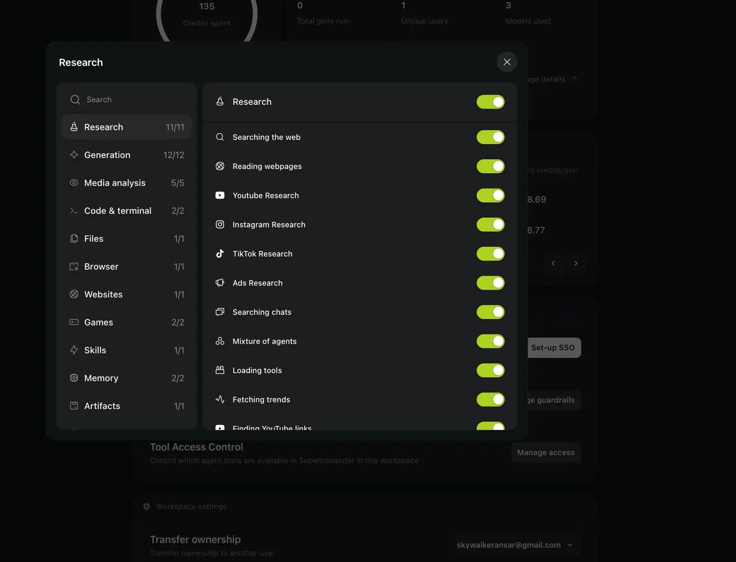 Tool Access Control dialog: per-category toggles for Supercomputer agent tools