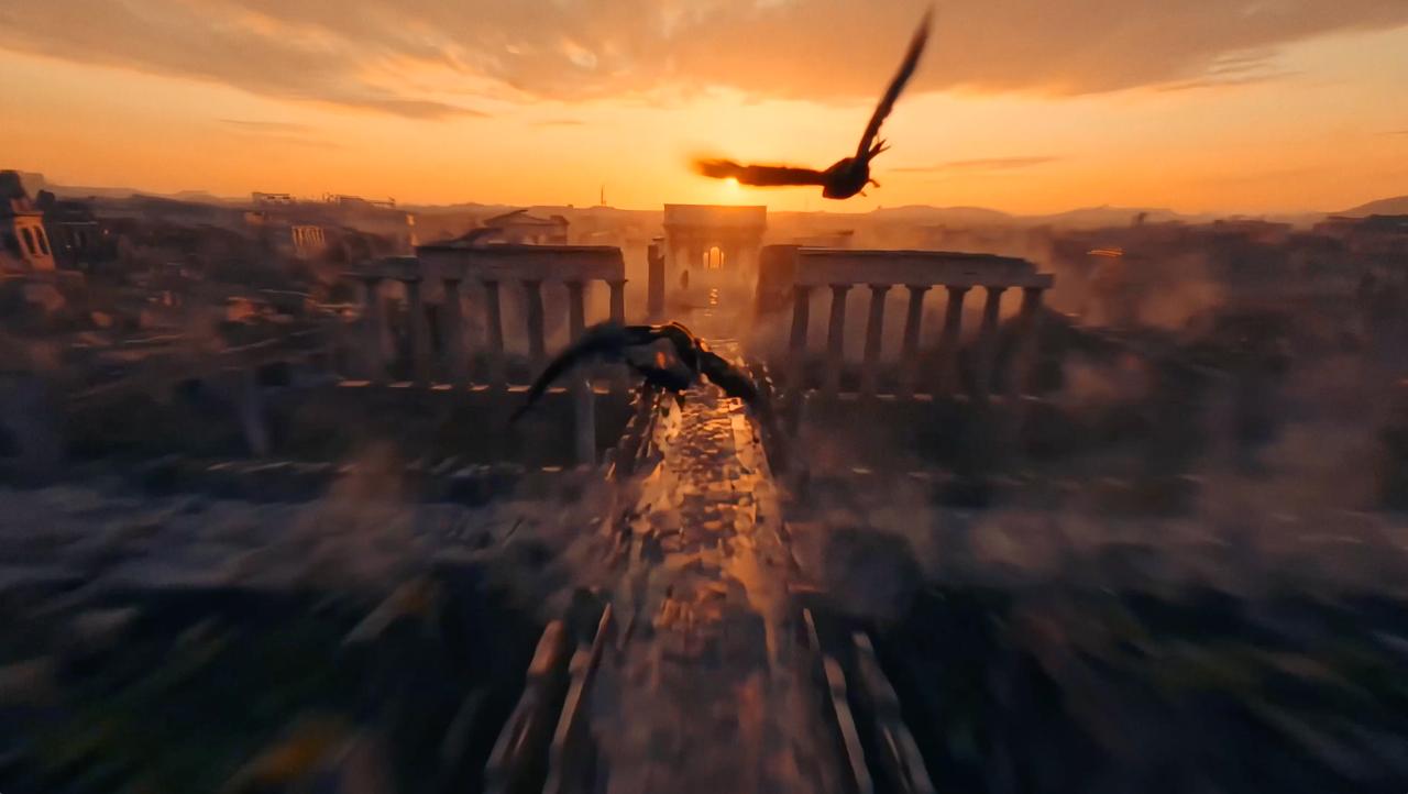 Birds cross a monumental city at sunset. Double Shots says producing comparable shots traditionally would likely have required more VFX support, location work and production time.