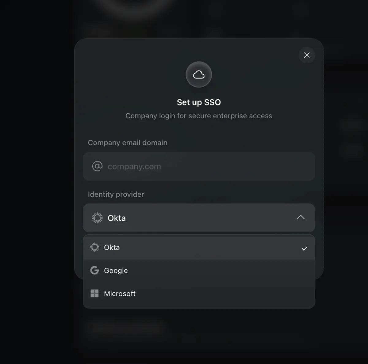 Set up SSO dialog: company email domain and identity provider - Okta, Google or Microsoft