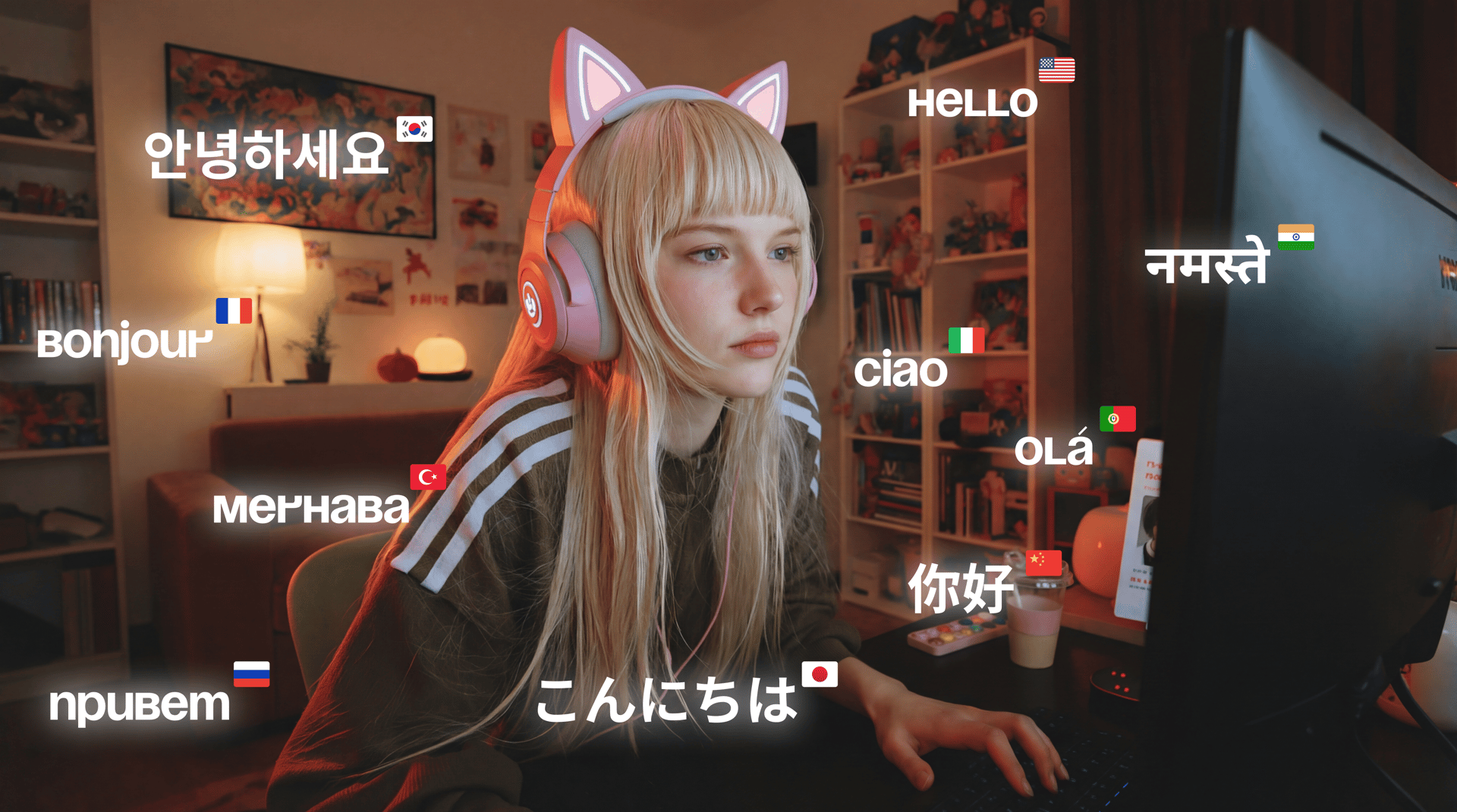 A high-quality, cinematic shot of a young girl with blonde hair and bangs sitting at a computer desk in a cozy, dimly lit bedroom. She is wearing pink cat-ear gaming headphones with glowing LEDs. Her face is illuminated by the soft blue light of a computer monitor. Floating in the air around her are various white greeting words in different languages (such as "Hello", "Bonjour", "你好", "नमस्ते") accompanied by small circular or rectangular country flag icons. The background features a bookshelf and warm ambient lighting. Realistic textures, 8k resolution, contemporary digital lifestyle aesthetic.