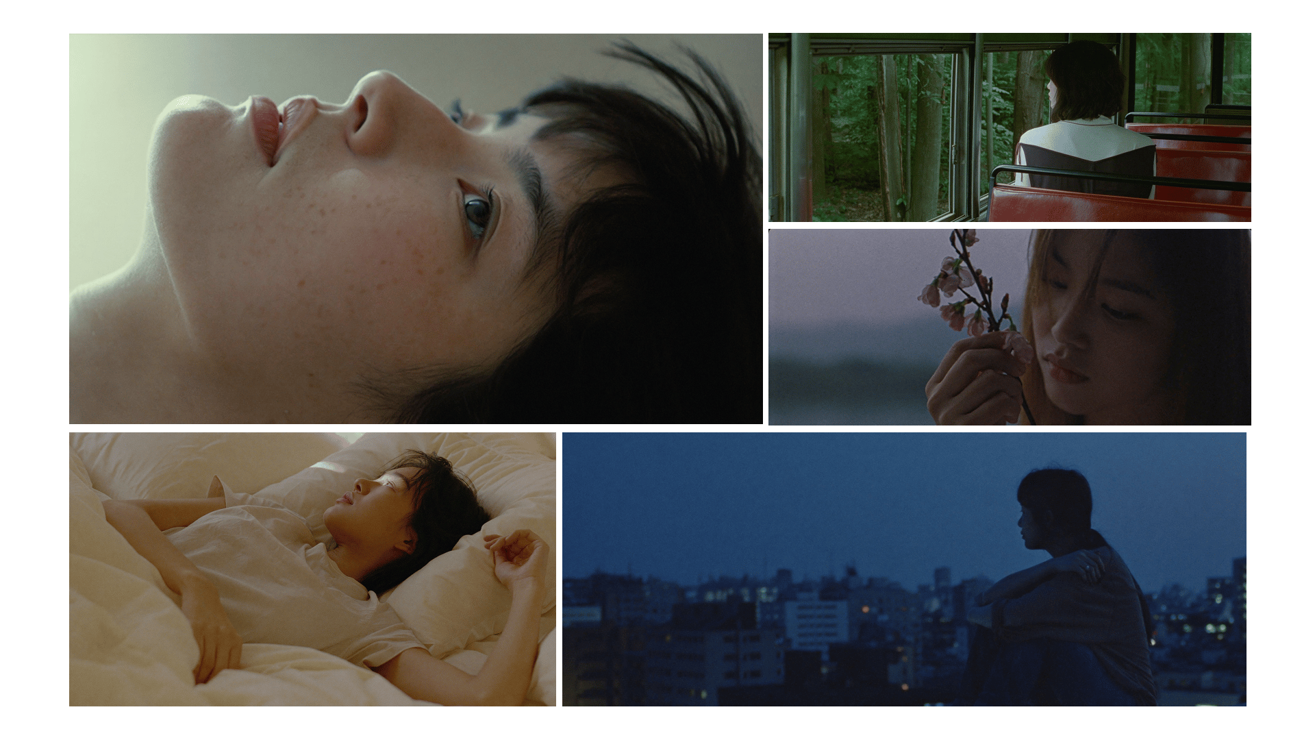 A detailed, ethereal, and melancholic cinematic film still collage featuring a young woman in various states of solitude and contemplation. The aesthetic is heavily inspired by East Asian arthouse cinema, characterized by soft natural lighting, a nostalgic 35mm film grain, and a muted, cool-toned color palette. The composition is a multi-image layout arranged like a cinematic mood board. The scenes include:

(Top Left / Hero Image): An extreme close-up of a young woman with freckles lying on her back, her head tilted back as she looks upward with a lost, dreamy expression. The lighting is soft and diffused, highlighting the texture of her skin.

(Top Right): A medium shot from behind the woman sitting on a public bus with red seats. She is looking out the window at a lush, green forest passing by. The frame is balanced and symmetrical, emphasizing a sense of transition.

(Middle Right): A somber medium shot of the woman in low, twilight light, delicately holding a small branch of pink cherry blossoms. Her gaze is downward and reflective, evoking a sense of fleeting beauty or loss.

(Bottom Left): A warm, intimate shot of the woman lying in a bed with rumpled white sheets. Soft morning light filters into the room, catching her profile as she gazes toward the window, capturing a moment of quiet waking or deep thought.

(Bottom Right): A wide, cinematic shot of the woman's silhouette sitting on a rooftop at dusk, overlooking a vast, blue-toned cityscape. The city lights are just beginning to twinkle in the background, highlighting themes of urban loneliness and scale.

The entire collage maintains a consistent high-quality cinematic texture with a shallow depth of field. The color story shifts from cool, misty teals and blues to warm, pale ambers. The layout uses clean white borders to separate the individual narrative fragments. The style is intimate, poetic, and quiet.