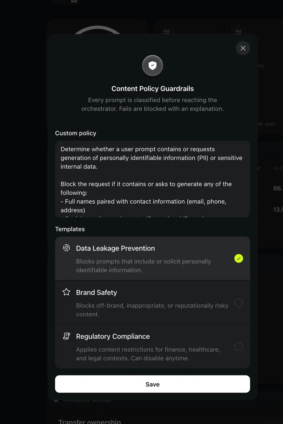 Content Policy Guardrails dialog: custom policy text and templates - Data Leakage Prevention, Brand Safety, Regulatory Compliance