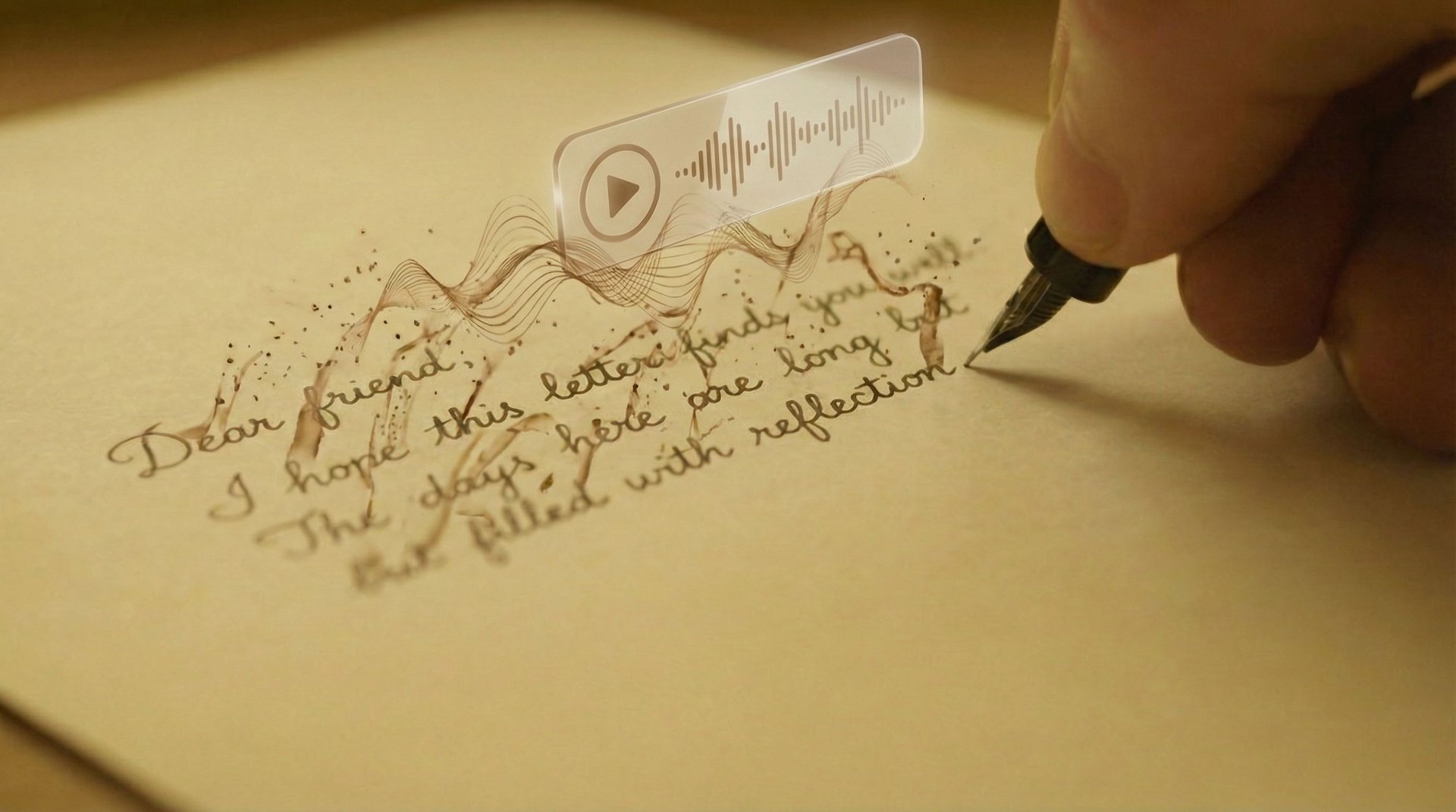 A macro photograph with a shallow depth of field captures a hand holding a vintage fountain pen, actively writing cursive words in sepia ink on a sheet of textured, aged parchment paper. The text reads: "Dear friend, I hope this letter finds you well. The days here are long but but filled with reflection." As the nib touches the paper, the cursive words are shown materializing and morphing upward into translucent, flowing brown-colored audio waveforms. In the space just above this transformation, a modern, floating, 3D holographic 'play' button icon (a glass circle with a triangle symbol) is visible. The scene is illuminated by warm, diffused desk light, creating a conceptual and artful blend of historical and digital communication.