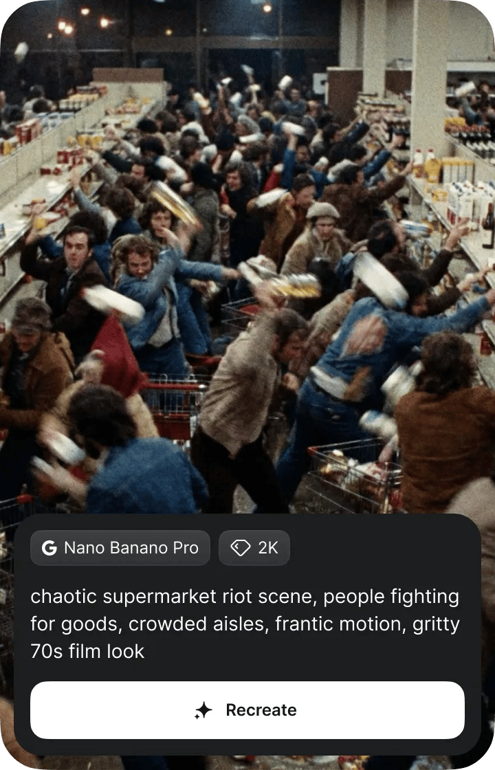 chaotic supermarket riot scene, people fighting for goods, crowded aisles, frantic motion, gritty 70s film look