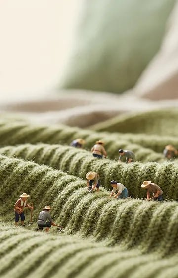 Tiny farmers working on a giant green knitted fabric as if it were terraced fields