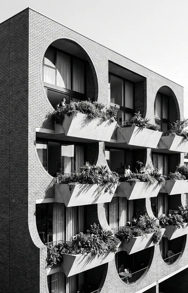 brutalist geometric balconies, repeating curved brick shapes, lush plants, black-and-white architectural photograph atmosphere