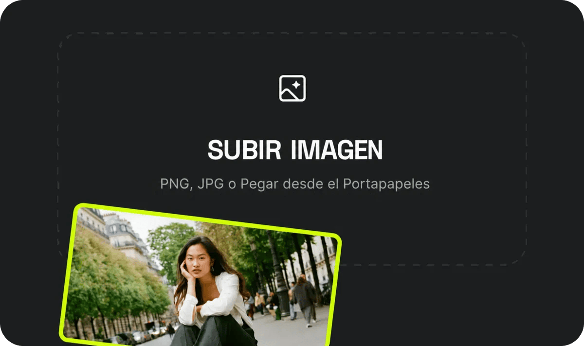 Sube tu imagen: PNG, JPG o pega desde el portapapeles. Nos enfocamos en mantener tu personaje exactamente como era.