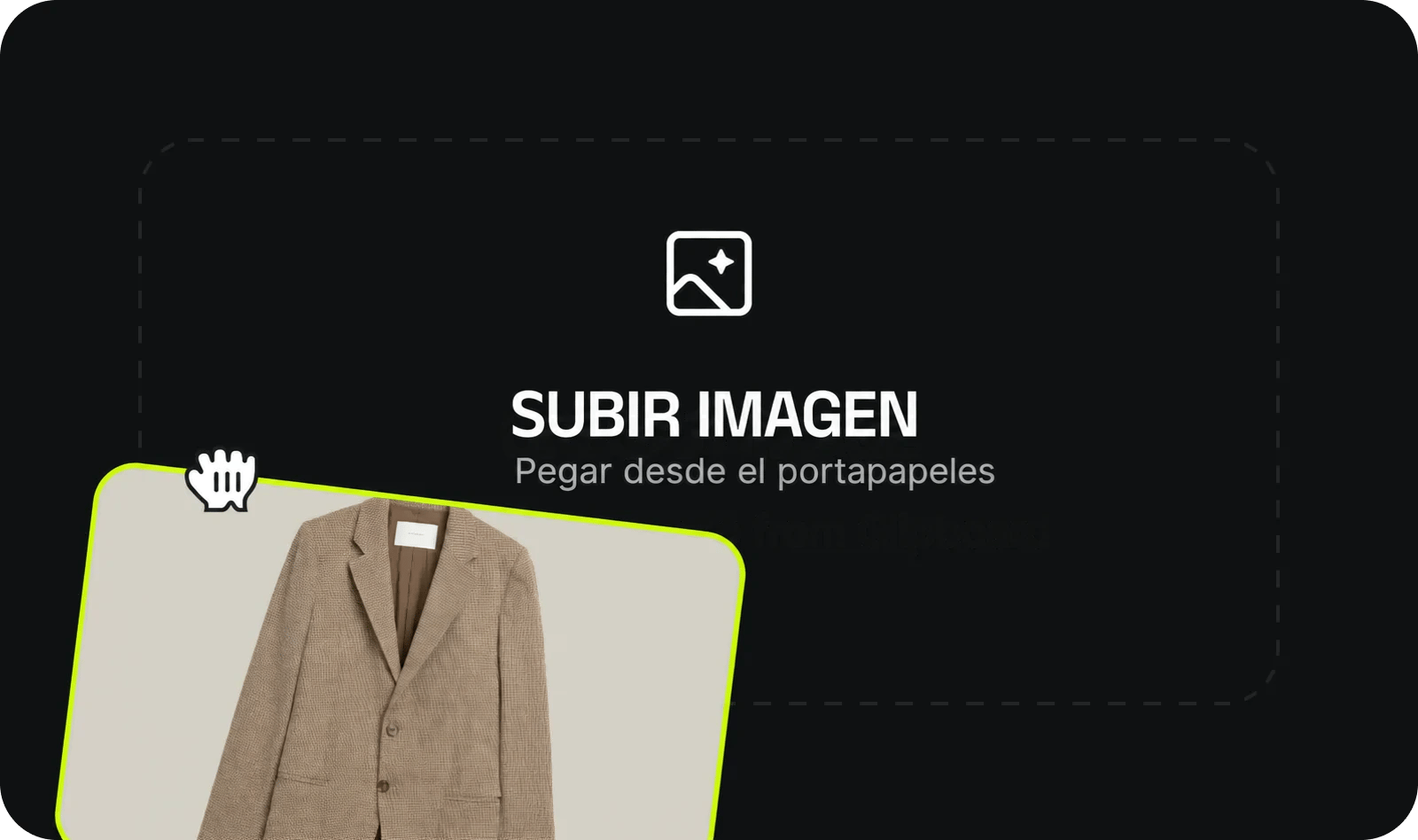 Sube tus fotos: Empieza con la foto de tu personaje y la imagen del outfit. Sube tu mejor foto y una imagen clara del outfit que deseas (se aceptan PNG, JPG).