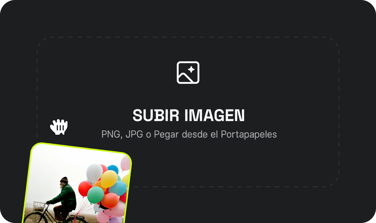 Sube tu imagen: PNG, JPG o pega desde el portapapeles. Tu sujeto original permanece perfectamente intacto: solo añadimos lo que falta