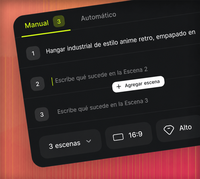 Describe tus escenas: Escribe un prompt para cada escena: define el encuadre, el movimiento y el ambiente.