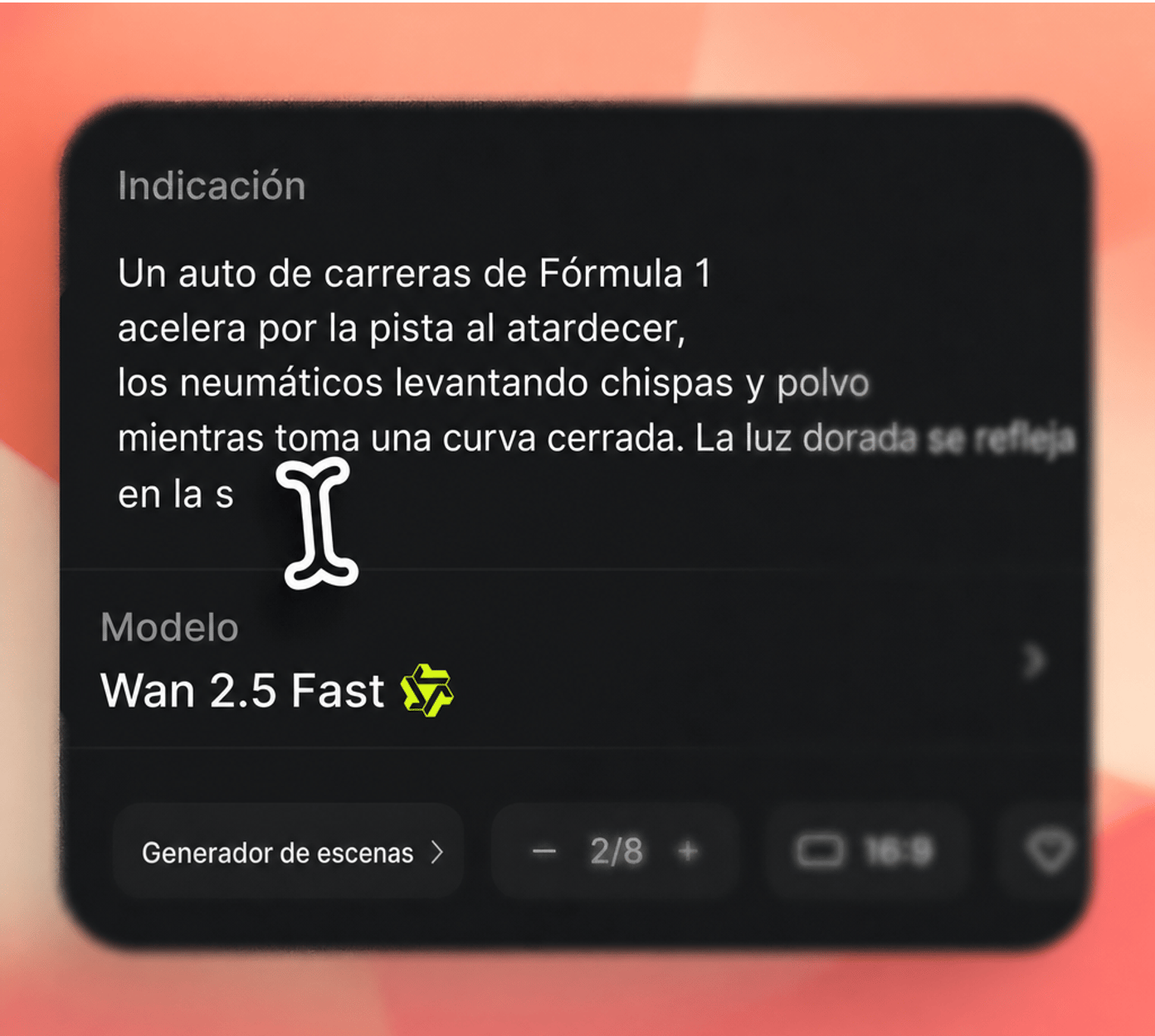 Interfaz de entrada de prompt del modelo de IA Wan 2.5 Fast que describe un auto de carreras de Fórmula 1 a toda velocidad al atardecer, con chispas, polvo y luz dorada durante una curva cerrada