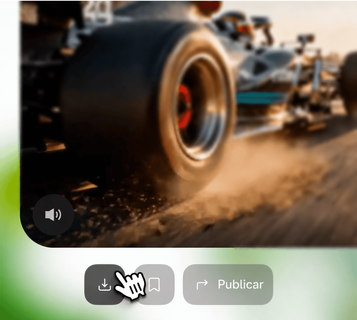 Primer plano de un auto de carreras de Fórmula 1 derrapando en la pista con polvo volando, mostrado en una interfaz de reproductor de video borrosa con botones de descarga, guardado y publicación