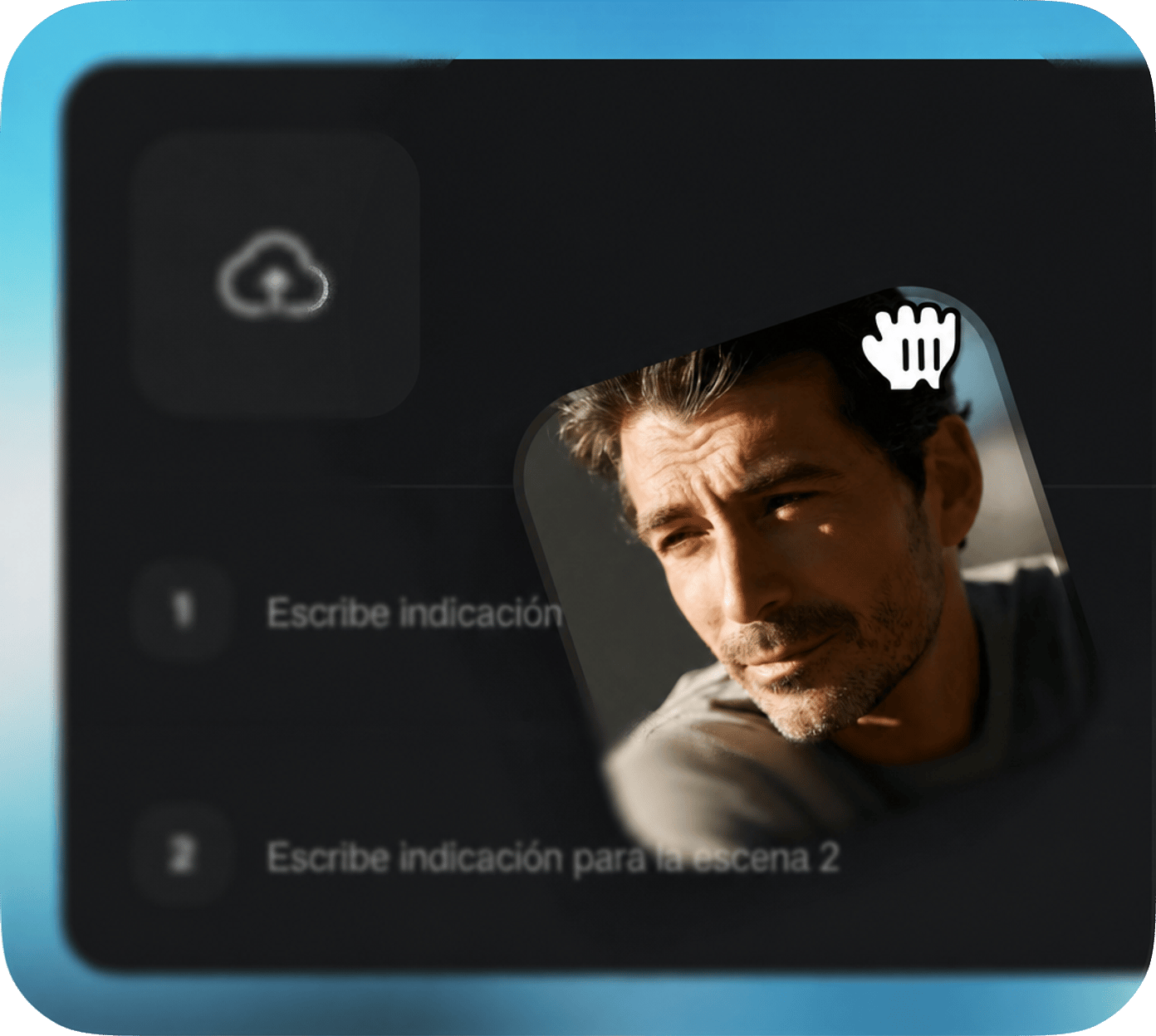 Subiendo una imagen de referencia al generador de video con IA Open Sora 2 para guiar la creación de la escena, mostrando un primer plano de la expresión intensa de un hombre para lograr realismo cinematográfico.