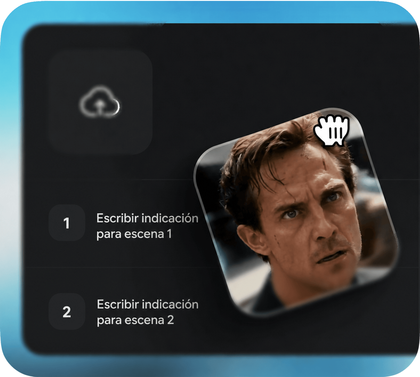 Subiendo una imagen de referencia al generador de video con IA Wan para guiar la creación de la escena, mostrando un primer plano de la expresión intensa de un hombre para lograr realismo cinematográfico.