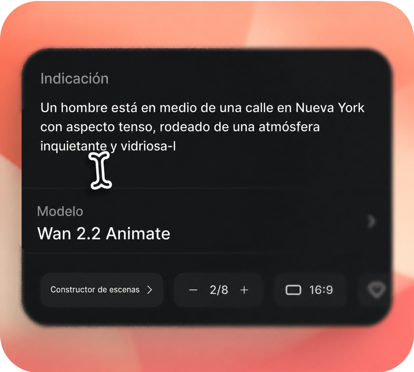 Prompt de texto ingresado en el generador de video con IA Wan 2.2 Animate: un hombre parado, tenso, en una calle de Nueva York rodeado de inquietantes figuras que parecen de vidrio.