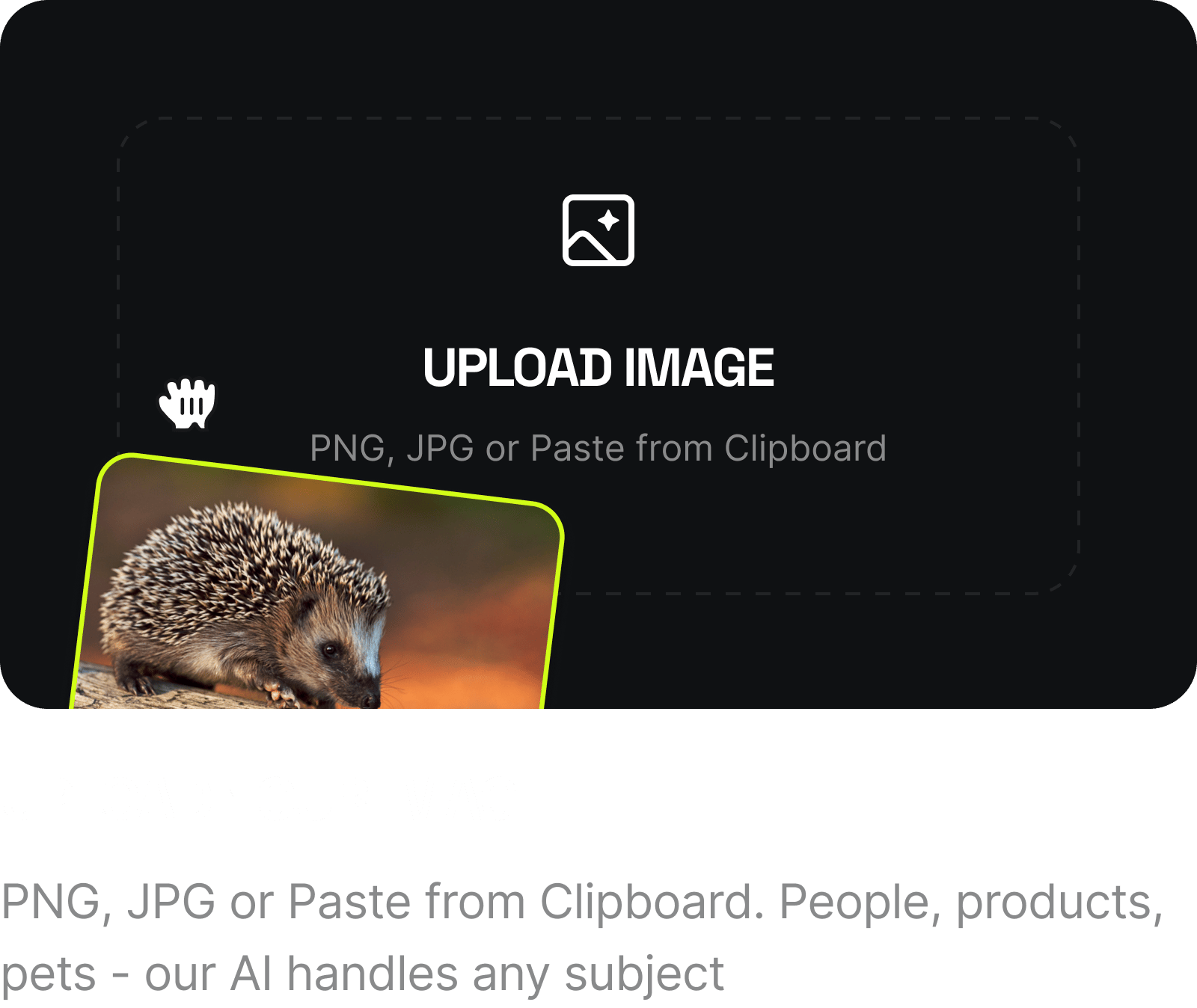 Upload Your Image: PNG, JPG or Paste from Clipboard. People, products, pets - our AI handles any subject