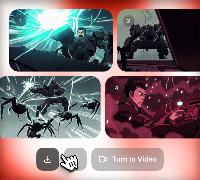 Generate Consistent Outputs: Get up to 8 matching scenes with aligned characters, lighting, and tone.