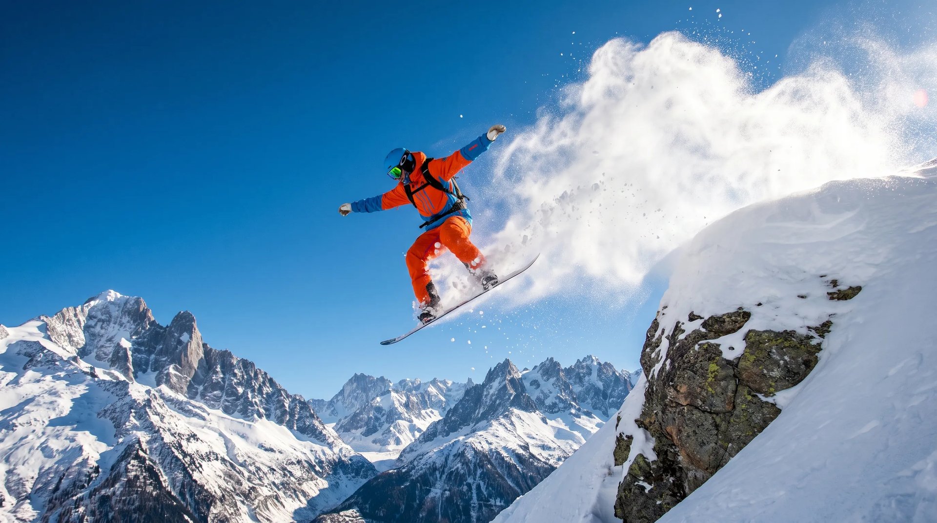 Snowboarder jumping off a snowy mountain ridge, generated with real-world knowledge